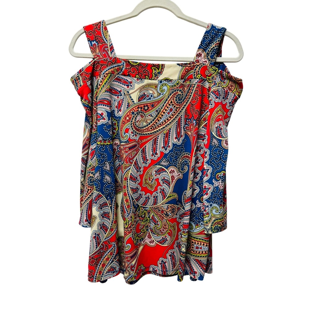 Chico's Cold Shoulder Top Size 2 Red Blue Paisley Jersey Knit Blouse Festival